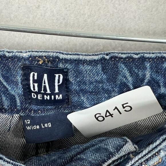Gap Jeans Girls Size 12 Dark Wash Denim Wide-Leg Distressed Raw Hem - Picture 3 of 9